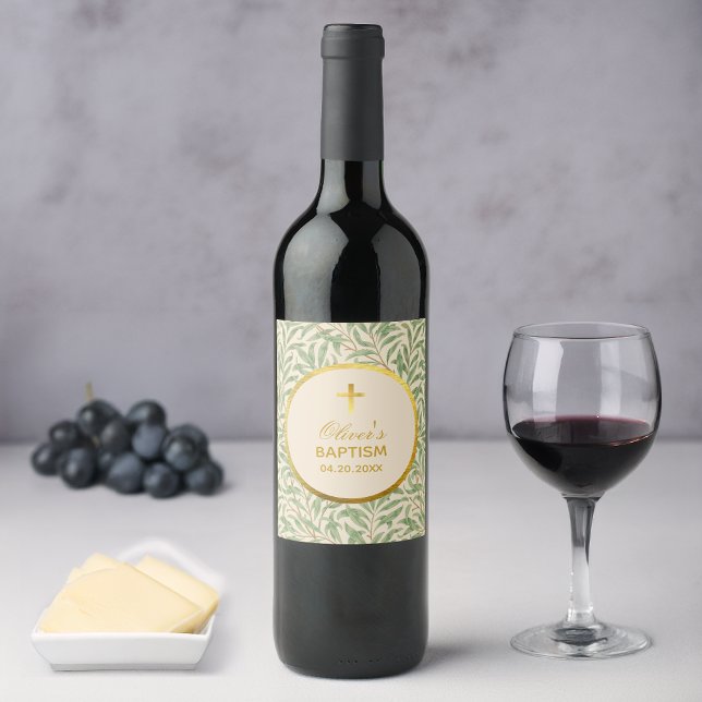 Baptism Green Leaves Faux Gold Willow Bough Morris Wine Label (Creator Uploaded)