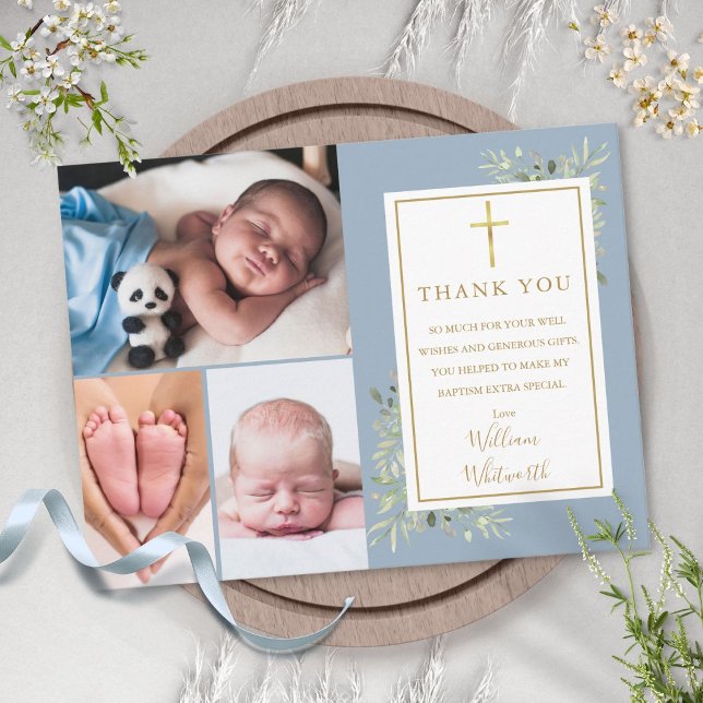 Baptism Greenery 3 Photo Dusty Blue Thank You Postcard (Baptism Greenery 3 Photo Dusty Blue Thank You Postcard)