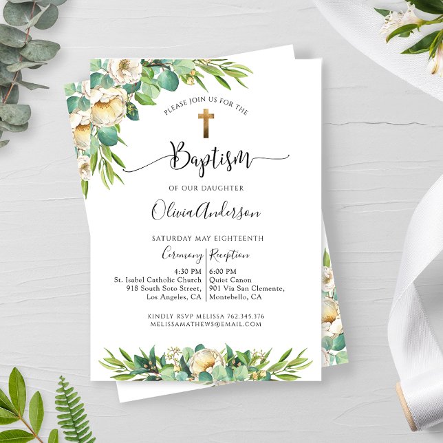 Baptism, Greenery and White, Gold Yellow Floral Invitation (Creator Uploaded)
