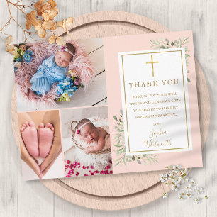 Baptism Greenery Blush Pink 3 Photo Thank You Postcard