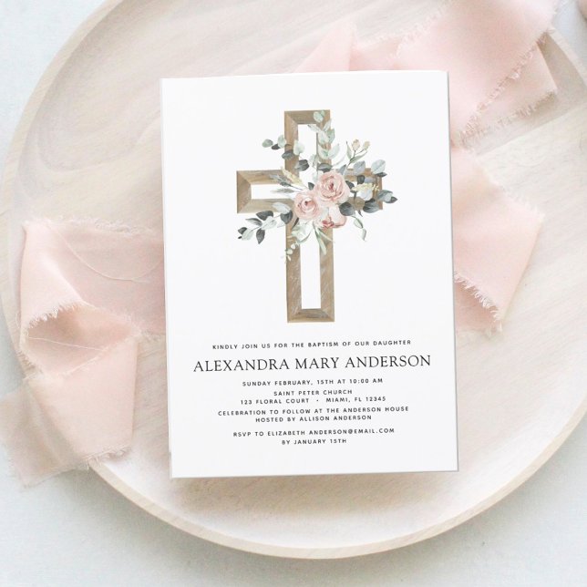 Baptism Greenery Dusty Pink Rose Cross Invitation (Creator Uploaded)