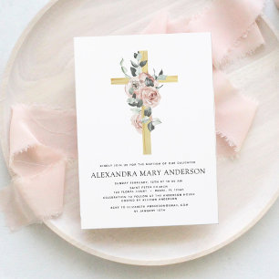 Baptism Greenery Dusty Pink Rose Cross Invitation