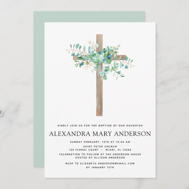 Baptism Greenery Eucalyptus Botanical Sage Invitation (Front/Back)