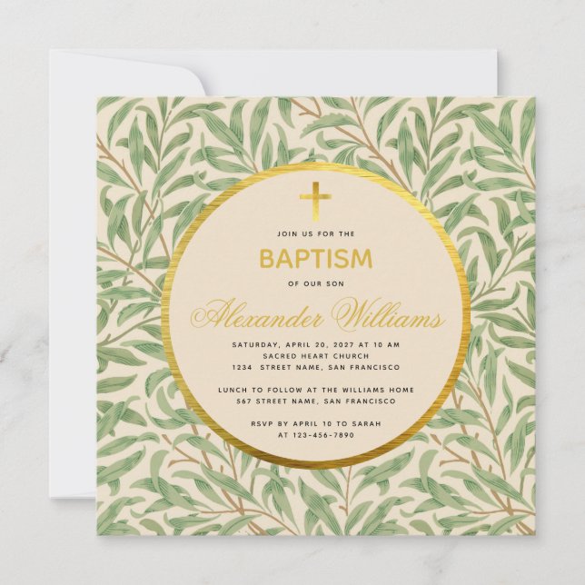 Baptism Greenery Faux Gold Circle Gender Neutral Invitation (Front)