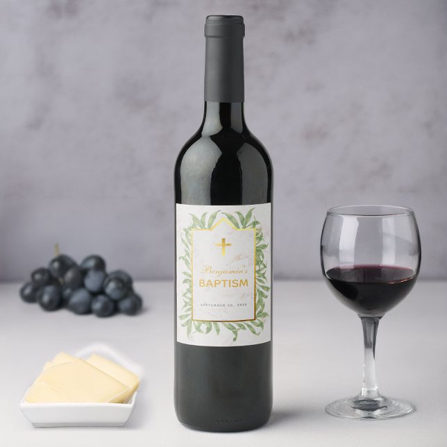Baptism Greenery Faux Gold Cross Marble Botanical  Wine Label (Creator Uploaded)