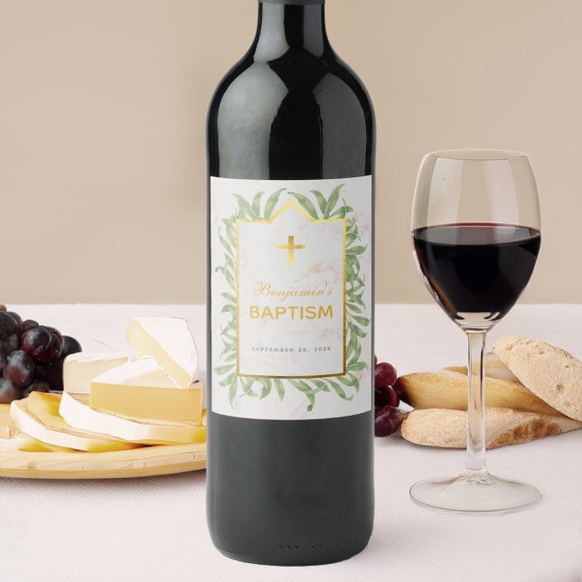 Baptism Greenery Faux Gold Cross Marble Botanical  Wine Label (Creator Uploaded)