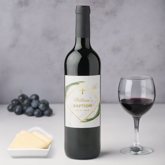 Baptism Greenery Faux Gold Fern Leaves Marble Wine Label (Creator Uploaded)