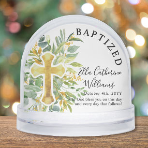Baptism Greenery Floral Gold Cross Custom Snowglobe