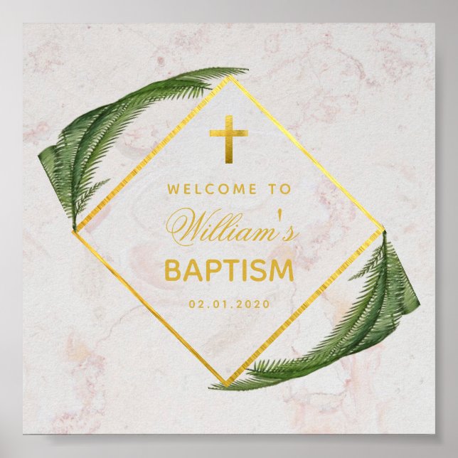 Baptism Greenery Marble Faux Gold Fern Welcome Poster (Front)