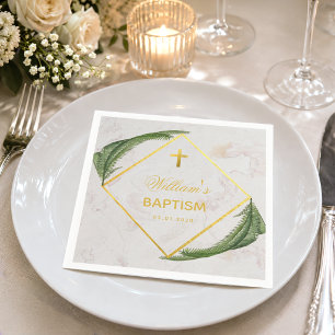 Baptism Greenery Marble Faux Gold Foil Fern Leaves Napkin