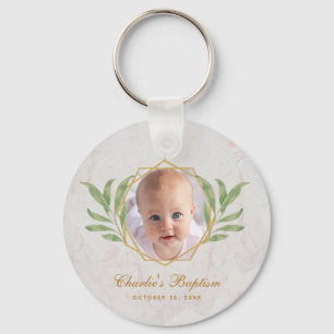 Baptism Greenery Photo Botanical Geometric Marble  Key Ring