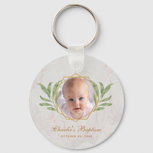 Baptism Greenery Photo Botanical Geometric Marble  Key Ring (Front)