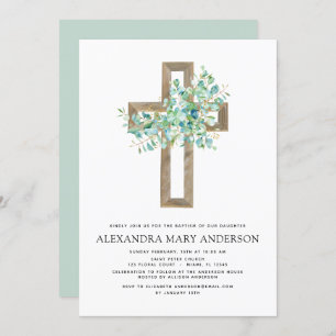 Baptism Greenery Sage Eucalyptus Gold Cross Invitation