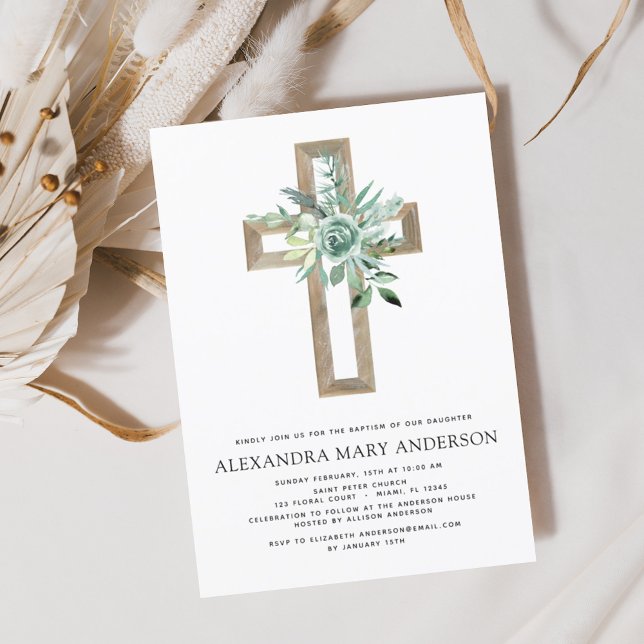 Baptism Greenery Sage Eucalyptus Gold Cross Invitation (Creator Uploaded)