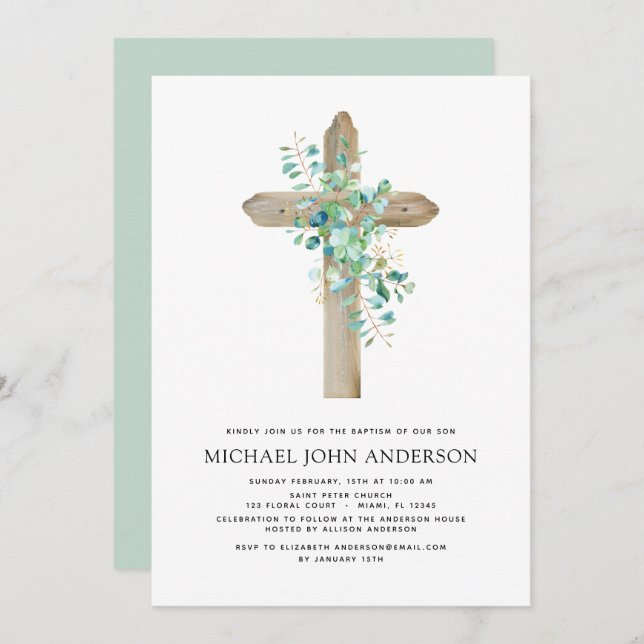 Baptism Greenery Sage Eucalyptus Invitation (Front/Back)