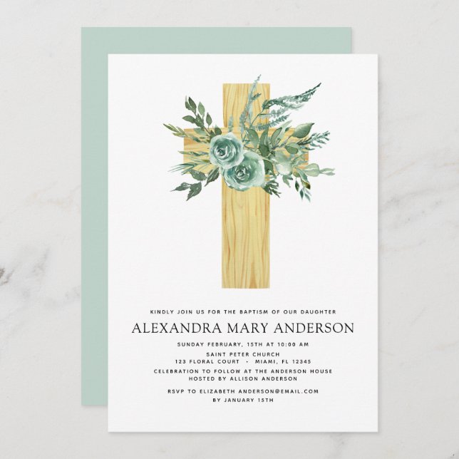 Baptism Greenery Sage Eucalyptus Wooden Cross Invitation (Front/Back)