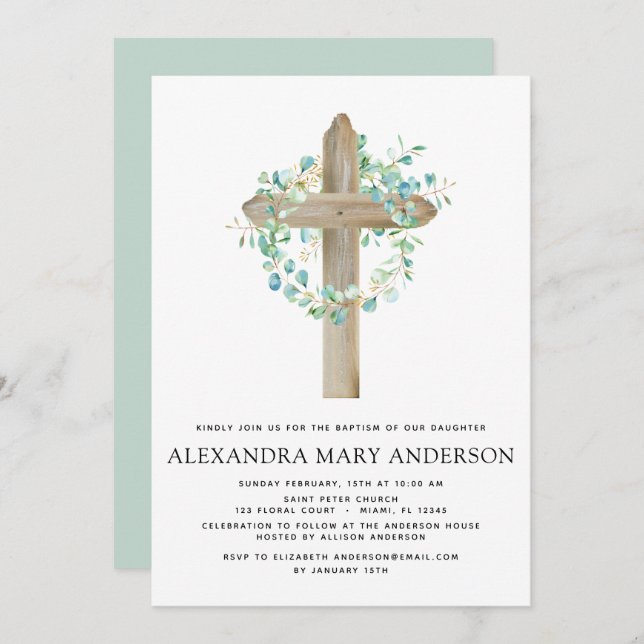 Baptism Greenery Sage Eucalyptus Wooden Cross Invitation (Front/Back)