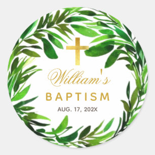 Baptism Greenery Watercolor Green Leaves Foliage  Classic Round Sticker