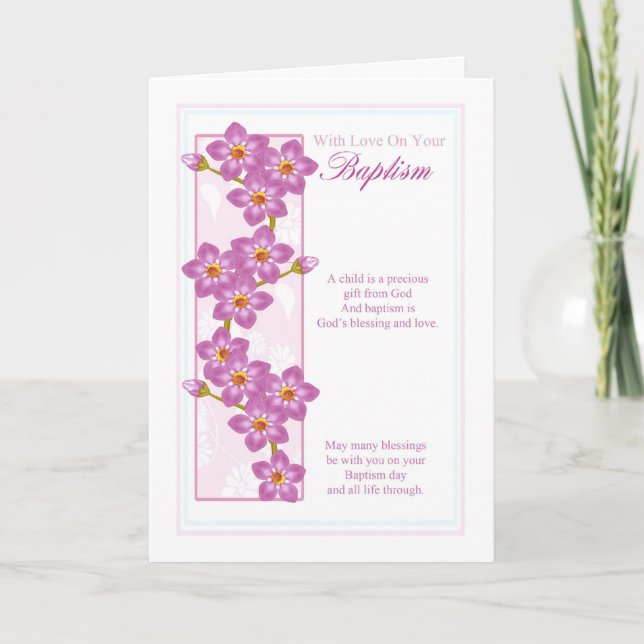 baptism greeting card with pink flowers (Front)