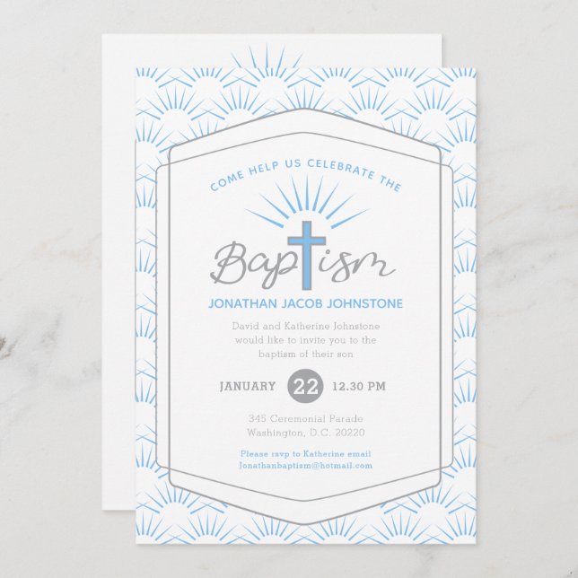 Baptism halo and cross custom photo blue invitation (Front/Back)