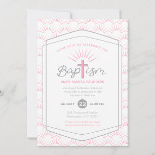 Baptism halo and cross custom photo pink invitation