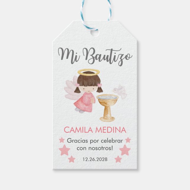 Baptism In Spanish Customisable Watercolor Angel  Gift Tags (Front)