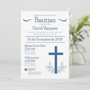 Baptism in Spanish Cute Bautizo Cross and Leaves I Invitation
