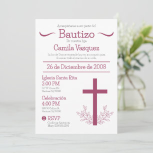 Baptism in Spanish Cute Bautizo Cross and Leaves Invitation