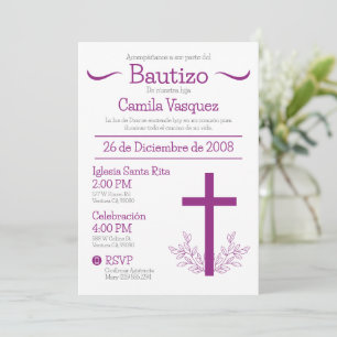 Baptism in Spanish Cute Bautizo Cross and Leaves Invitation