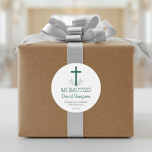 Baptism in Spanish Simple Bautizo Cross and Leaves Classic Round Sticker