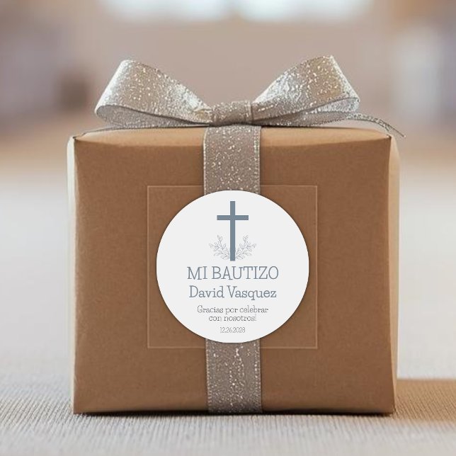 Baptism in Spanish Simple Bautizo Cross and Leaves Classic Round Sticker (Creator Uploaded)