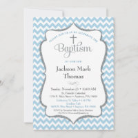 Baptism Invitation Boys Blue Grey Chevron Elegant