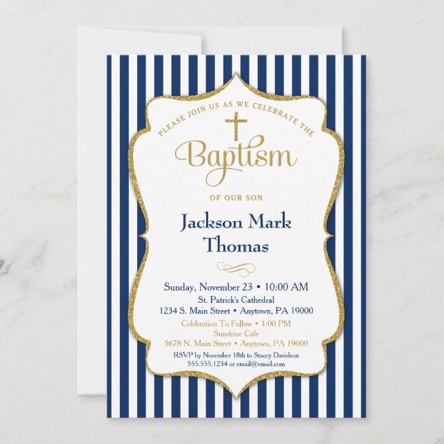 Baptism Invitation Boys Navy Blue Gold Elegant (Front)
