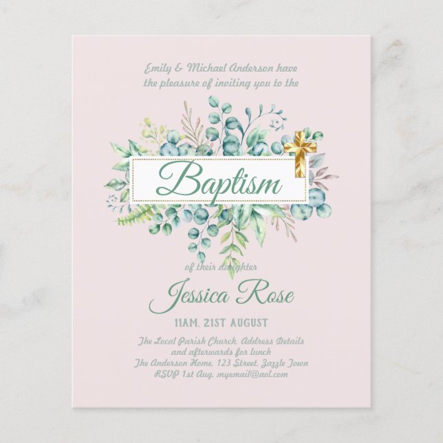 Baptism Invitation Eucalyptus Greenery BUDGET (Front)
