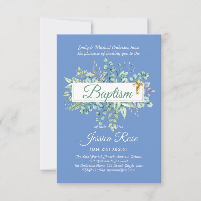 Baptism Invitation Eucalyptus Greenery BUDGET (Front)