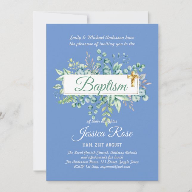Baptism Invitation Eucalyptus Greenery BUDGET (Front)