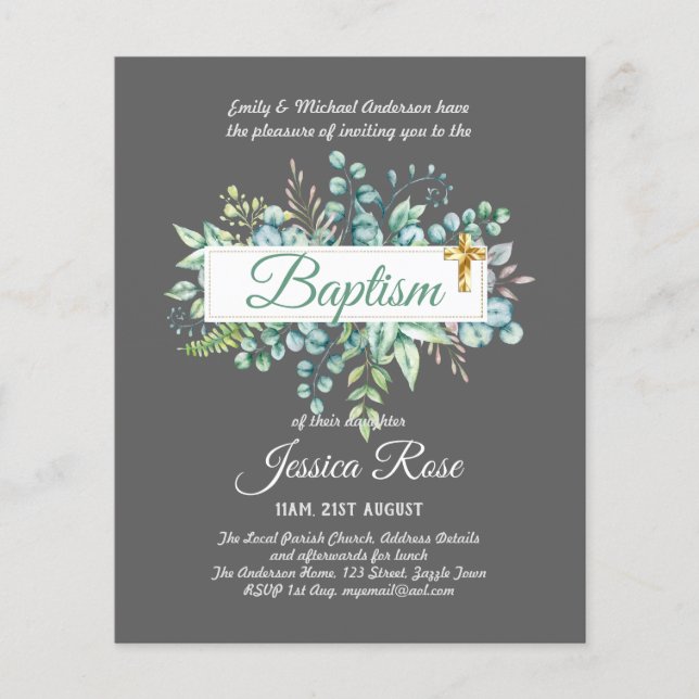Baptism Invitation Eucalyptus Greenery BUDGET (Front)