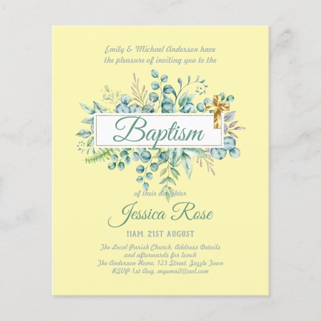 Baptism Invitation Eucalyptus Greenery BUDGET (Front)