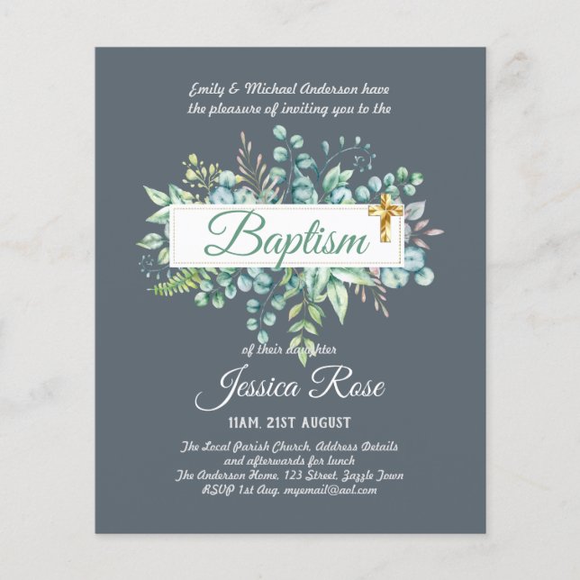Baptism Invitation Eucalyptus Greenery BUDGET (Front)