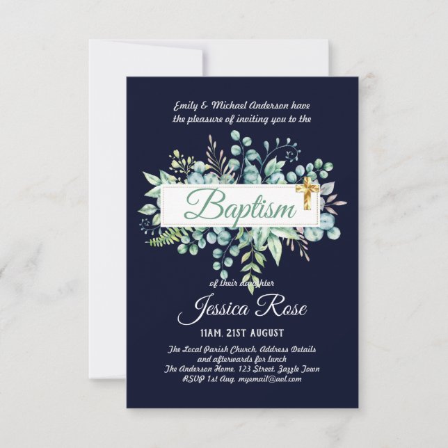 Baptism Invitation Eucalyptus Greenery BUDGET (Front)
