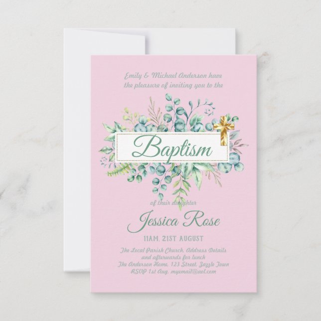 Baptism Invitation Eucalyptus Greenery BUDGET (Front)