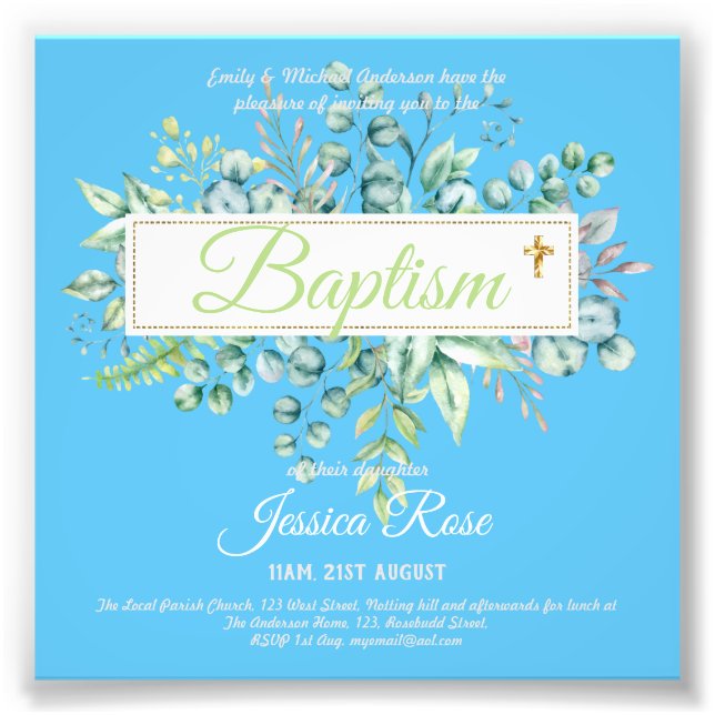 Baptism Invitation Eucalyptus Greenery BUDGET Photo Print (Front)
