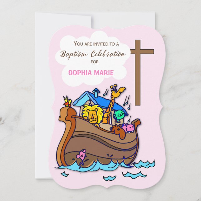 Baptism Invitation for Girl Noahs Ark in Pink (Front)