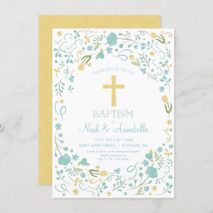 Baptism Invitation - Gender Neutral Cross, Flowers
