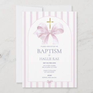 Baptism Invitation Girl, Modern Pink Bow & Striped