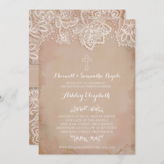 Baptism Invitation, Girl, Vintage Pink Invitation (Front/Back)