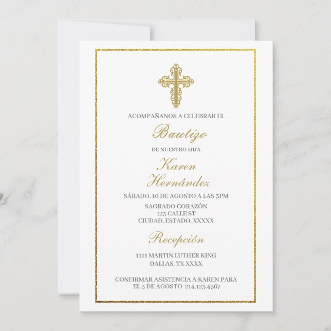 Baptism invitation girl with gold frame (Front)