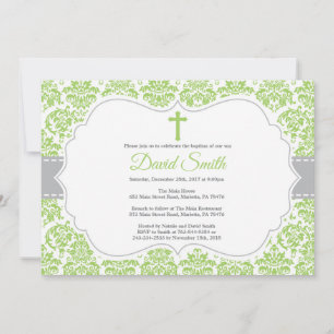 Baptism Invitation Green and Grey Damask