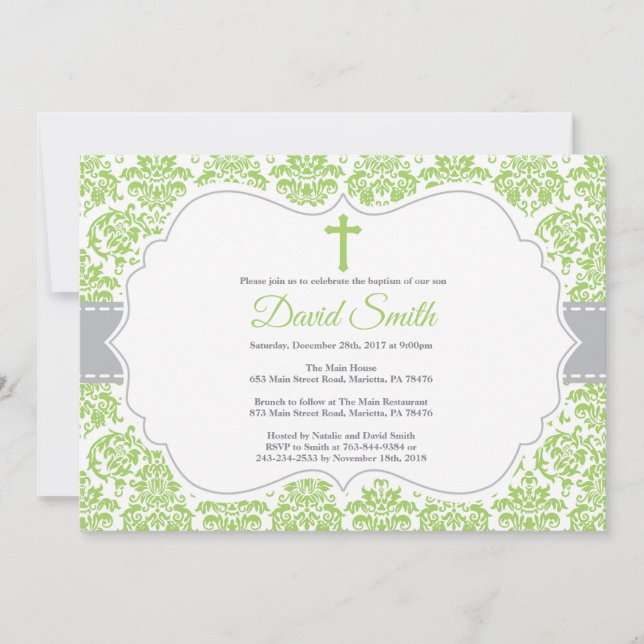 Baptism Invitation Green and Grey Damask (Front)