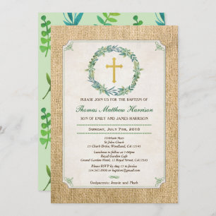 Baptism invitation. Green wreath rustic burlap Invitation